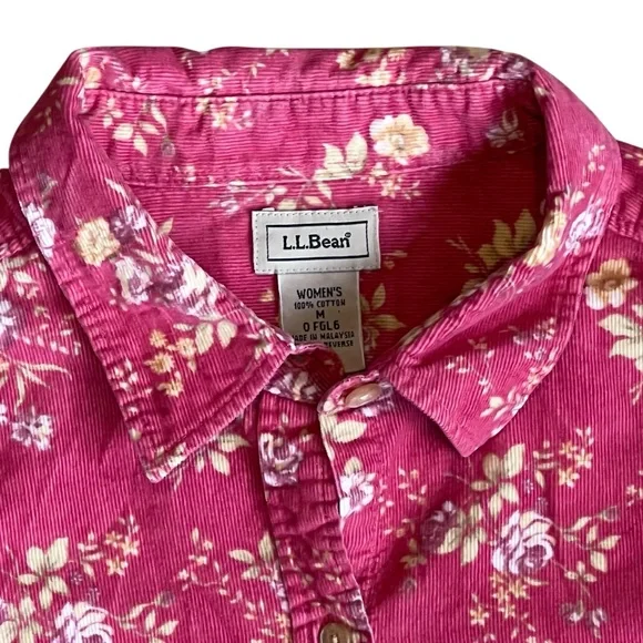 L.L. Bean Women’s Sz M Red Corduroy Floral Button Down Shirt Casual Cottagecore - Picture 3 of 12